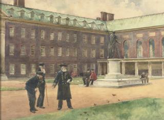 John Eyre, R.B.A., R.I., - Chelsea Pensioners feeding birds