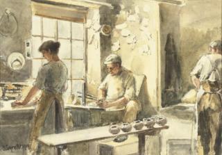 John Eyre, R.B.A., R.I., - Potters at work; and Potters with candlesticks on a table