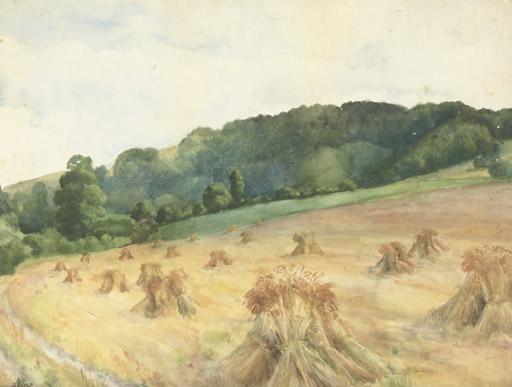 John Eyre, R.B.A., R.I., - The Farm Road; and Wheatstacks