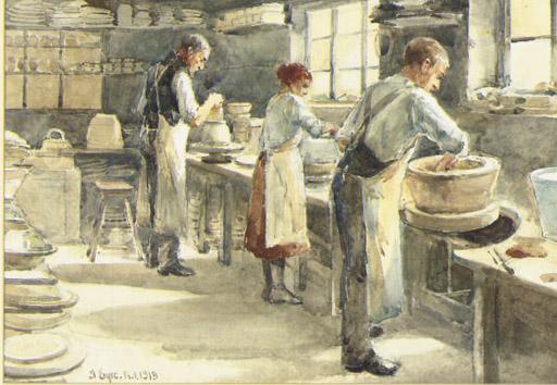 John Eyre, R.B.A., R.I., - Three Potters at their wheels; and Inside the Potteries