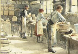 John Eyre, R.B.A., R.I., - Three Potters at their wheels; and Inside the Potteries