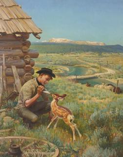 John F. Clymer - Feeding A Fawn Near A Flower Field