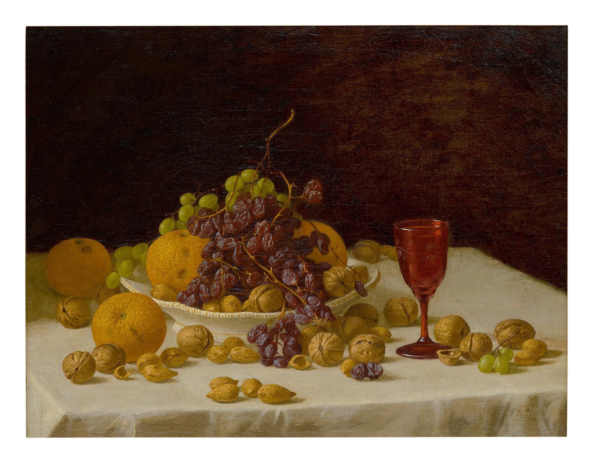 John F. Francis - An Arrangement Of Oranges, Walnuts, Almonds, Raisins, And Grapes On A Tabletop