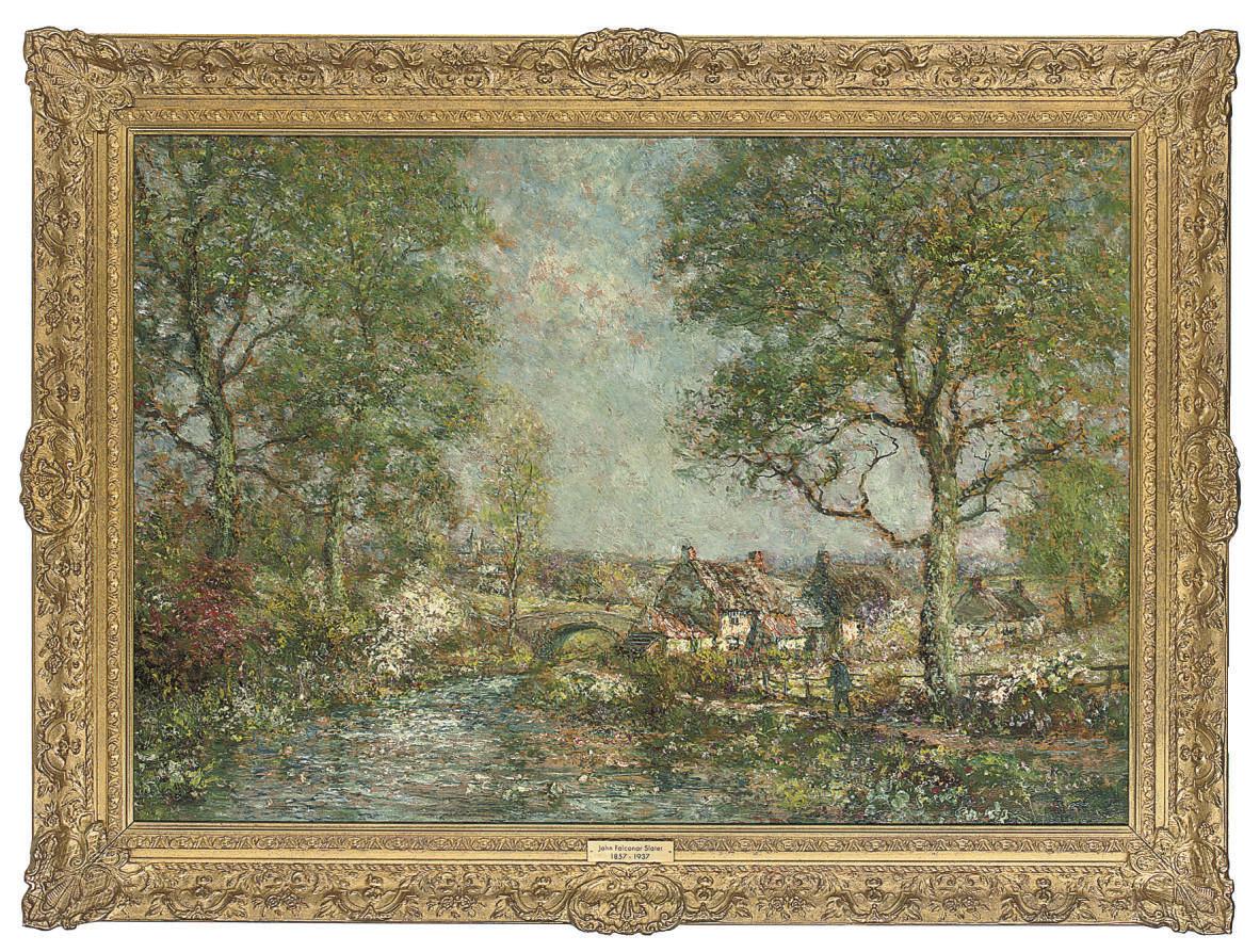 John Falconar Slater - A figure on a river bank, cottages and a bridge beyond