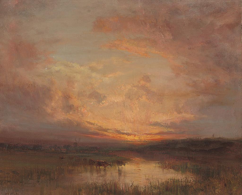 John Falconar Slater - Cattle watering at the end of the day