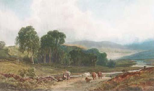 John Faulkner - A drover and cattle in a Scottish landscape