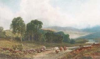John Faulkner - A drover and cattle in a Scottish landscape