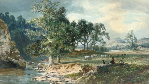 John Faulkner - A shepherdess watching her flock by a stream