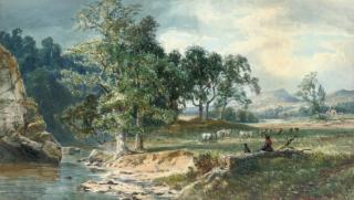 John Faulkner - A shepherdess watching her flock by a stream
