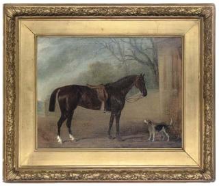 John Ferneley Jnr. - A Chestnut Hunter And Foxhound In A Courtyard