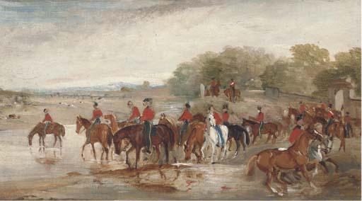 John Ferneley Jnr. - Officers Watering Their Horses At A River; And A Saddled Hunter By A Country House