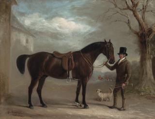 John Ferneley, Jun. - A bay hunter held by a groom, with a dandie dinmont, outside a stable, huntsmen and hounds beyond
