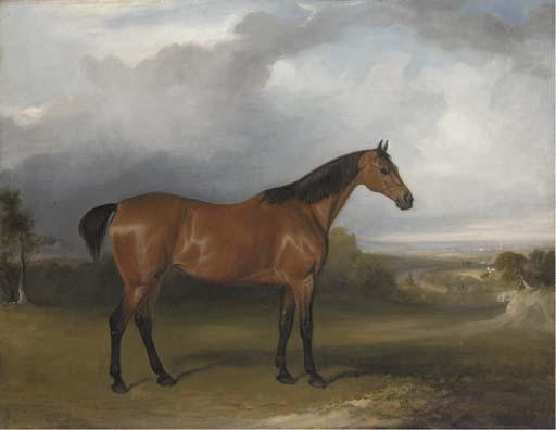 John Ferneley, Jun. - A bay hunter in a landscape with figures and horses by a path in the distance and a town beyond