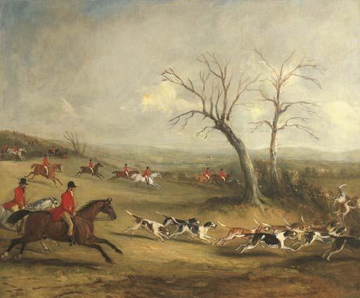 John Ferneley, Jun. - Full Cry: Captain White hunting with the Quorn, with Hoby Church and Brooksby Hall in the distance