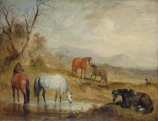 John Ferneley, Jun. - Horses at a Stream in an Extensive Mountainous Landscape
