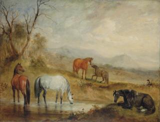 John Ferneley, Jun. - Horses at a Stream in an Extensive Mountainous Landscape