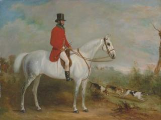 John Ferneley, Junior - A Gentleman on a Grey Hunter with Hounds in a Landscape, a Hunt Gone Away beyond