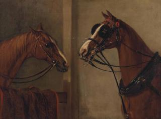 John Ferneley, Sen. - Head Study Of Carriage Horse And Hunter At A Stable Door