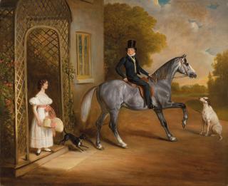 John Ferneley, Sen. - Master John Marriott on a grey horse, with his sister Annis and their dogs outside the Elms, Cropwell Butler