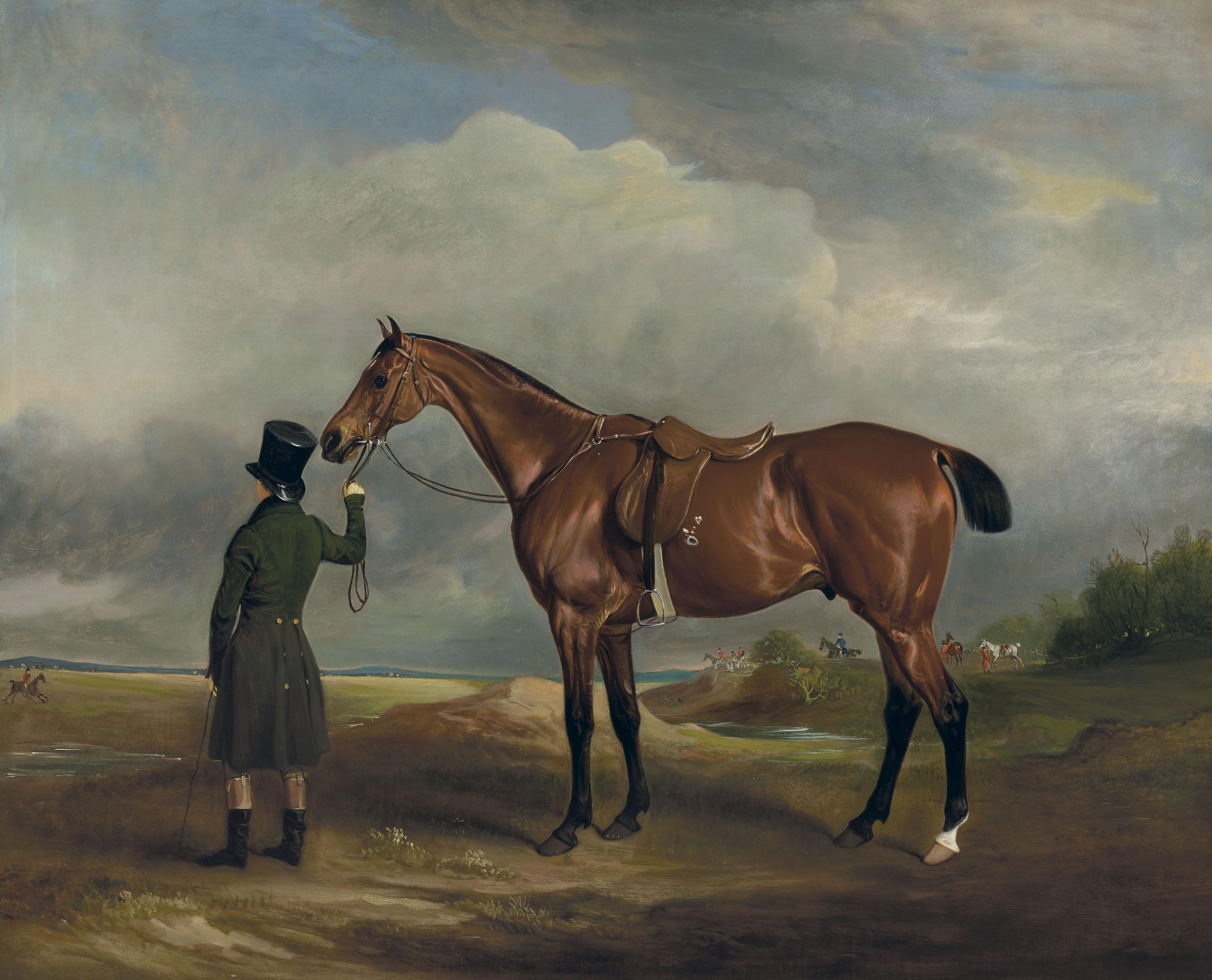 John Ferneley, Sen. - Mr. H.H.H. Hungerford\'S Second Horse Clinker, Held By His Groom With Huntsman And Hounds In The Distance
