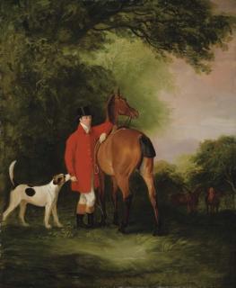 John Ferneley, Sen. - Portrait of Lord Lismore in a hunting coat with his bay hunter and a hound, in a landscape, a hunting party beyond