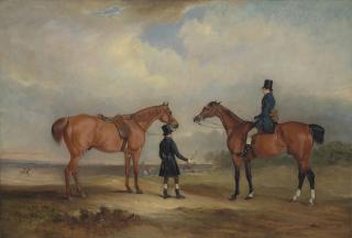 John Ferneley, Sen. - Two gentlemen, one leading a chestnut hunter, the other on a bay hunter, in an extensive landscape with a hunt, a church spire beyond