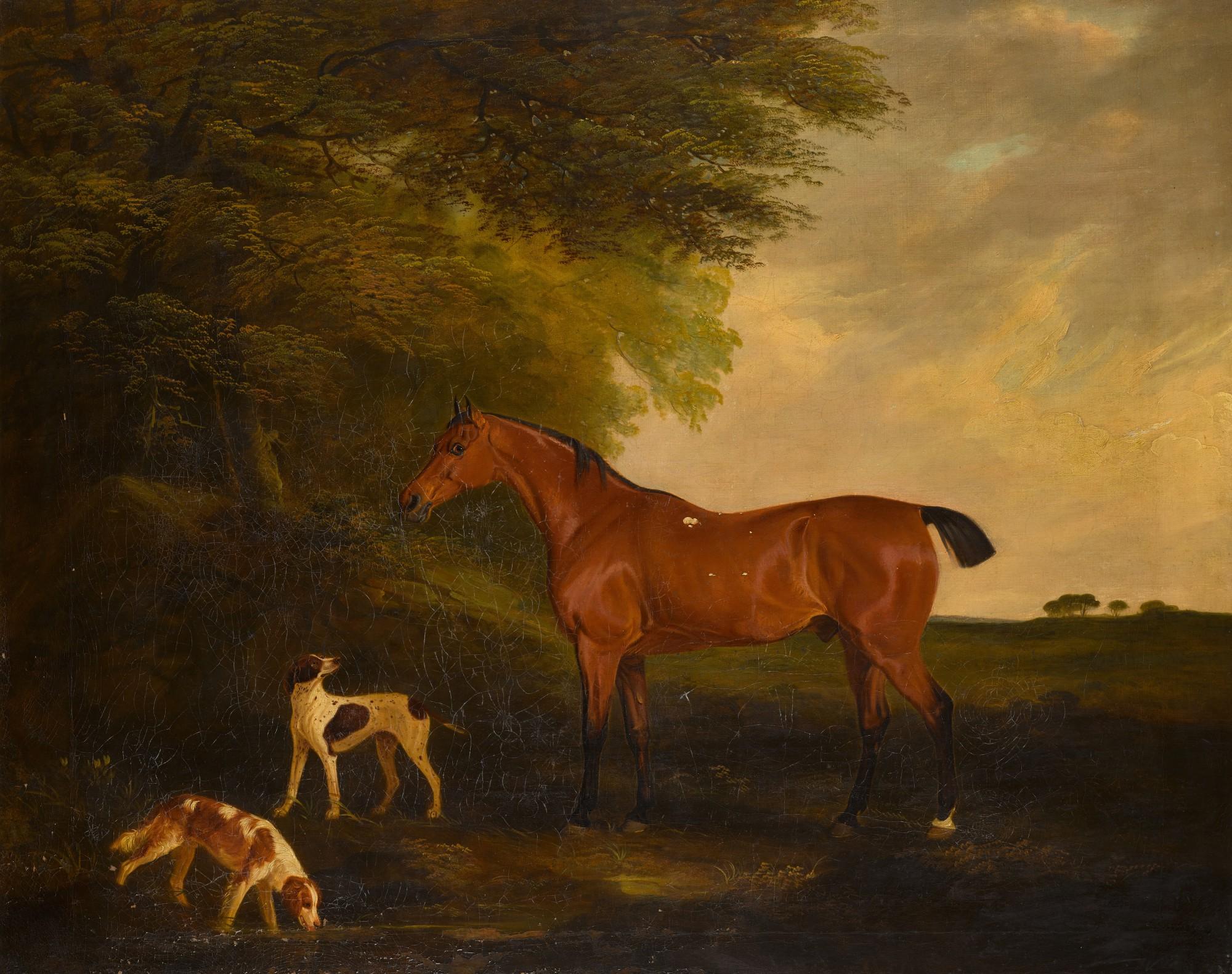 John Ferneley Snr. - Colonel Andrew Nugent\'s hunter, with a pointer and setter in a wooded landscape