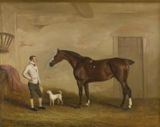 John Ferneley Snr. - Portrait Of A Chestnut Hunter In A Stable, With A Groom And Terrier