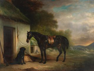 John Ferneley - The horse \'Vagabond\', owned by Henry Everard Esq, and the dog \'Nell\', owned by his fiancé Miss Helen Stuart