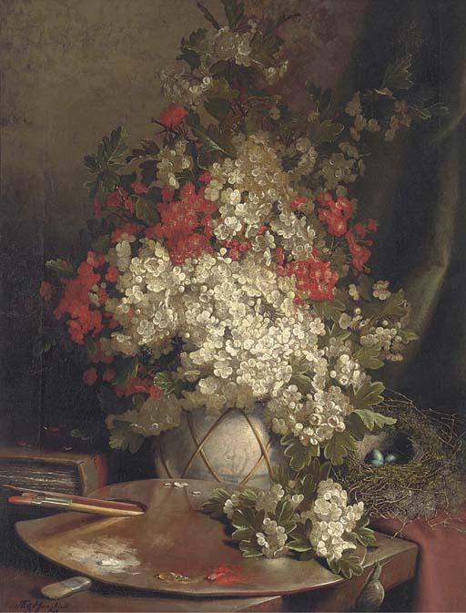 John Fitz Marshall, R.B.A. - The Artist\'S Palette, With A Still Life of May Blossom In A Vase, A Book And A Bird\'S Nest Beyond