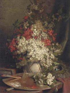 John Fitz Marshall, R.B.A. - The Artist\'S Palette, With A Still Life of May Blossom In A Vase, A Book And A Bird\'S Nest Beyond