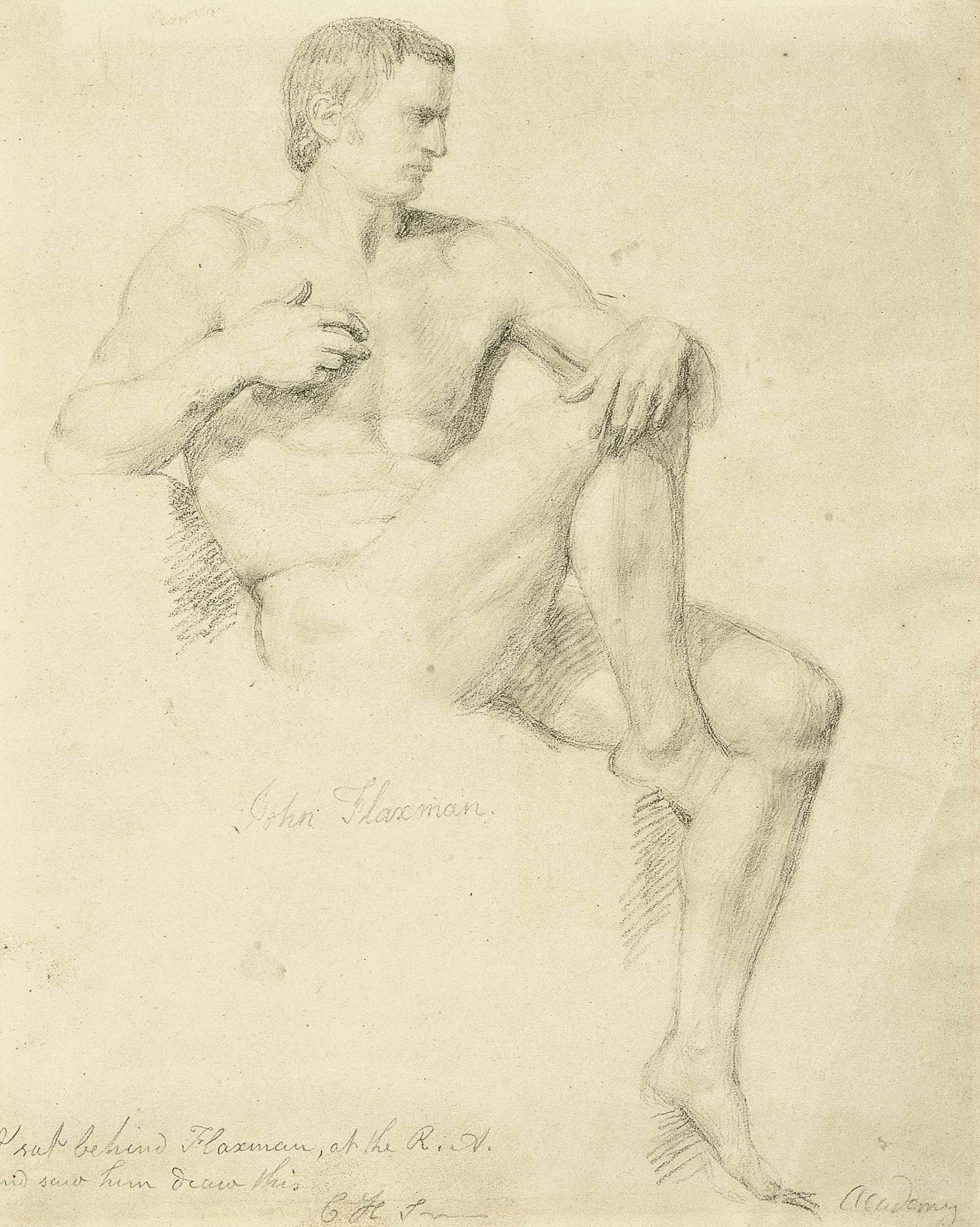John Flaxman, R.A. - Study of a seated male nude, right leg raised