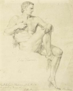 John Flaxman, R.A. - Study of a seated male nude, right leg raised
