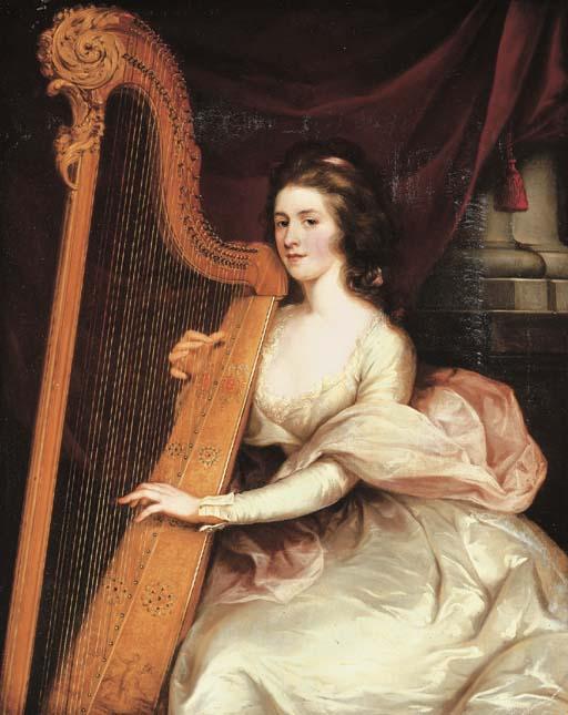 John Francis Rigaud - Portrait of Lady Jane Mildmay, seated three-quarter-length, in a white silk dress playing the harp