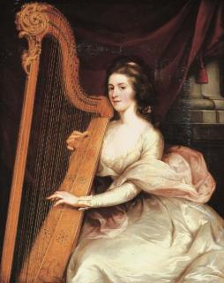 John Francis Rigaud - Portrait of Lady Jane Mildmay, seated three-quarter-length, in a white silk dress playing the harp