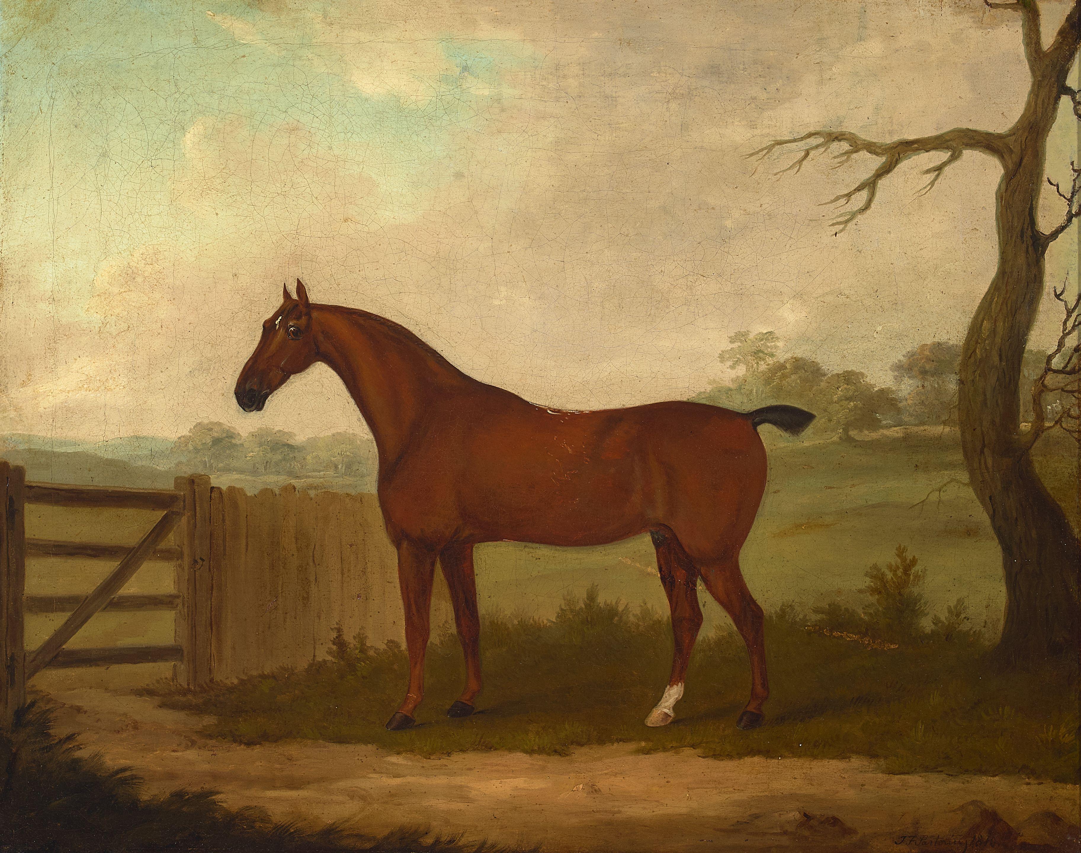 John Francis Sartorius - A bay hunter by a gate in a landscape