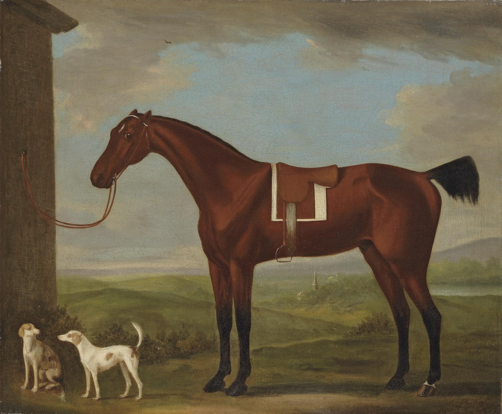 John Francis Sartorius - A saddled bay hunter tethered to a wall, with two hounds, a church in the landscape beyond