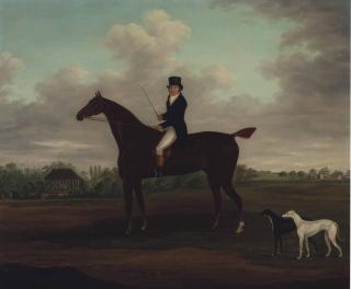 John Francis Sartorius - Portrait Of A Gentleman On A Bay Hunter With His Greyhounds And A Country House Beyond