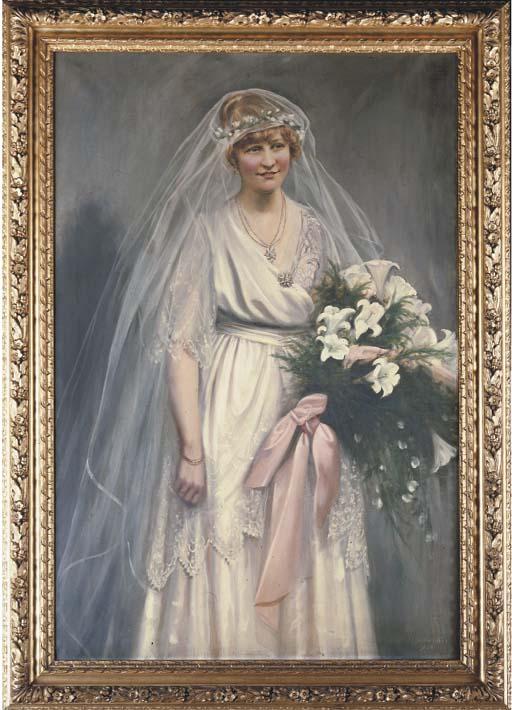 John Frederick Harrison Dutton - Portrait Of Mrs France-Hayhurst, Standing Three-Quarter-Length, In A Wedding Dress, Holding Lilies