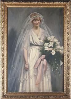John Frederick Harrison Dutton - Portrait Of Mrs France-Hayhurst, Standing Three-Quarter-Length, In A Wedding Dress, Holding Lilies