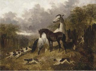John Frederick Herring, Jnr. - A mare and foal with a pack of hounds