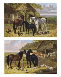 John Frederick Herring, Jnr. - By the duck pond; and Horses, piglets and chickens in the farmyard