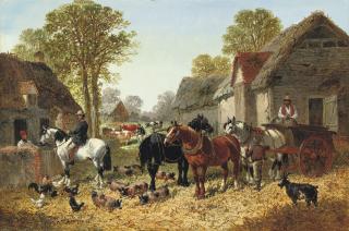 John Frederick Herring, Jnr - Draught horses and a cart, with figures, pigs and a goat in a farmyard, cows in a pasture beyond