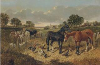 John Frederick Herring Jnr. - Horses And Chickens In A Farmyard