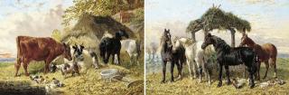 John Frederick Herring, Jnr. - Horses and ducks by a river; and Horses, cows, ducks and a goat by a farmhouse