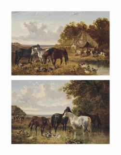 John Frederick Herring Jnr. - Horses And Pigs Grazing By A Cottage; And Horses Drinking From A Stream
