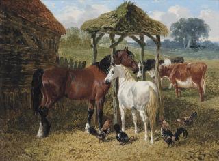 John Frederick Herring, Jnr. - Horses, cows and chickens in a farmyard