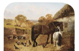 John Frederick Herring, Jnr. - Horses, pigs and chickens in a farmyard