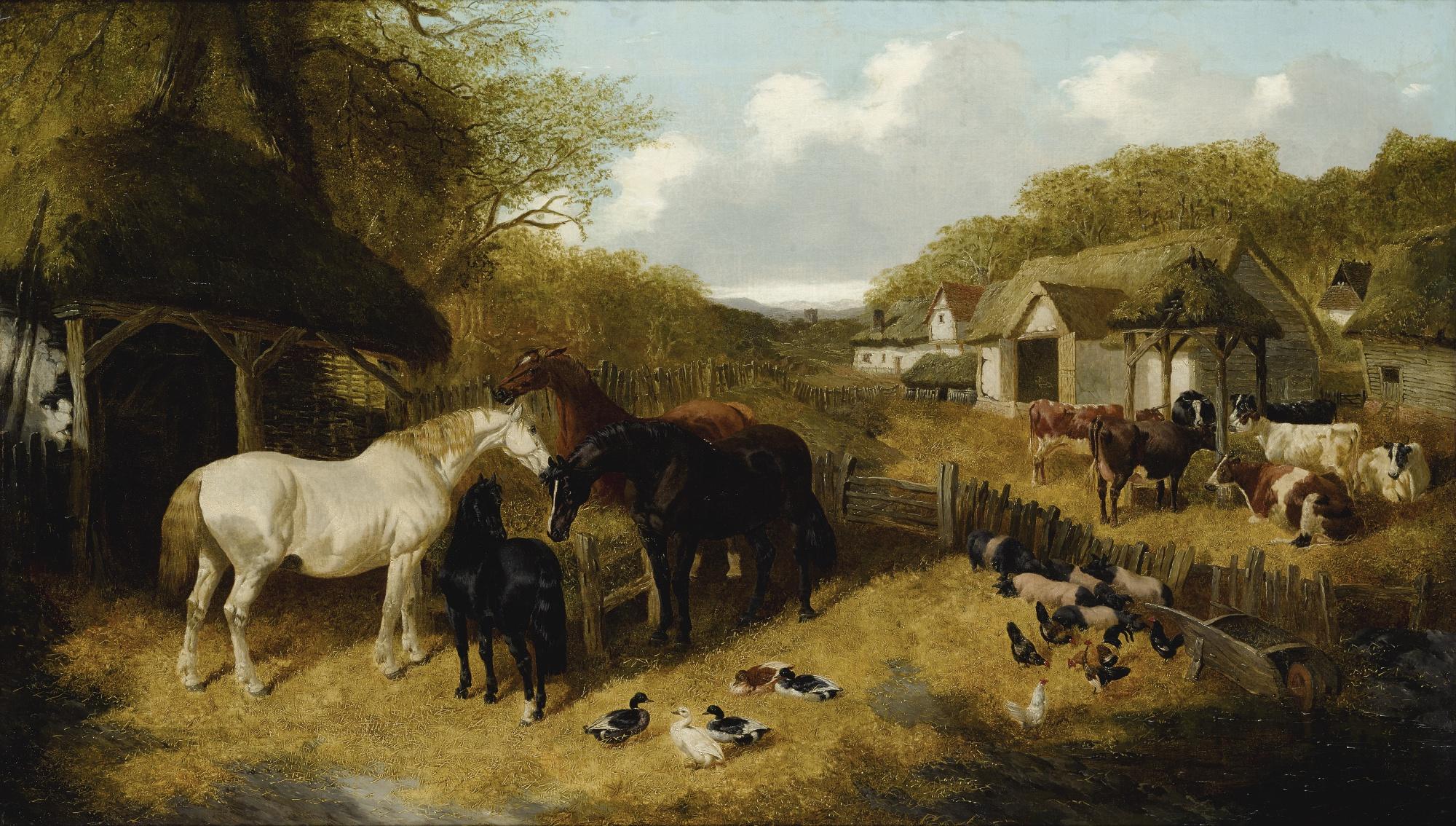 John Frederick Herring Jr. - British cattle, Pigs, Ducks, Chickens And Horses In A Farmyard