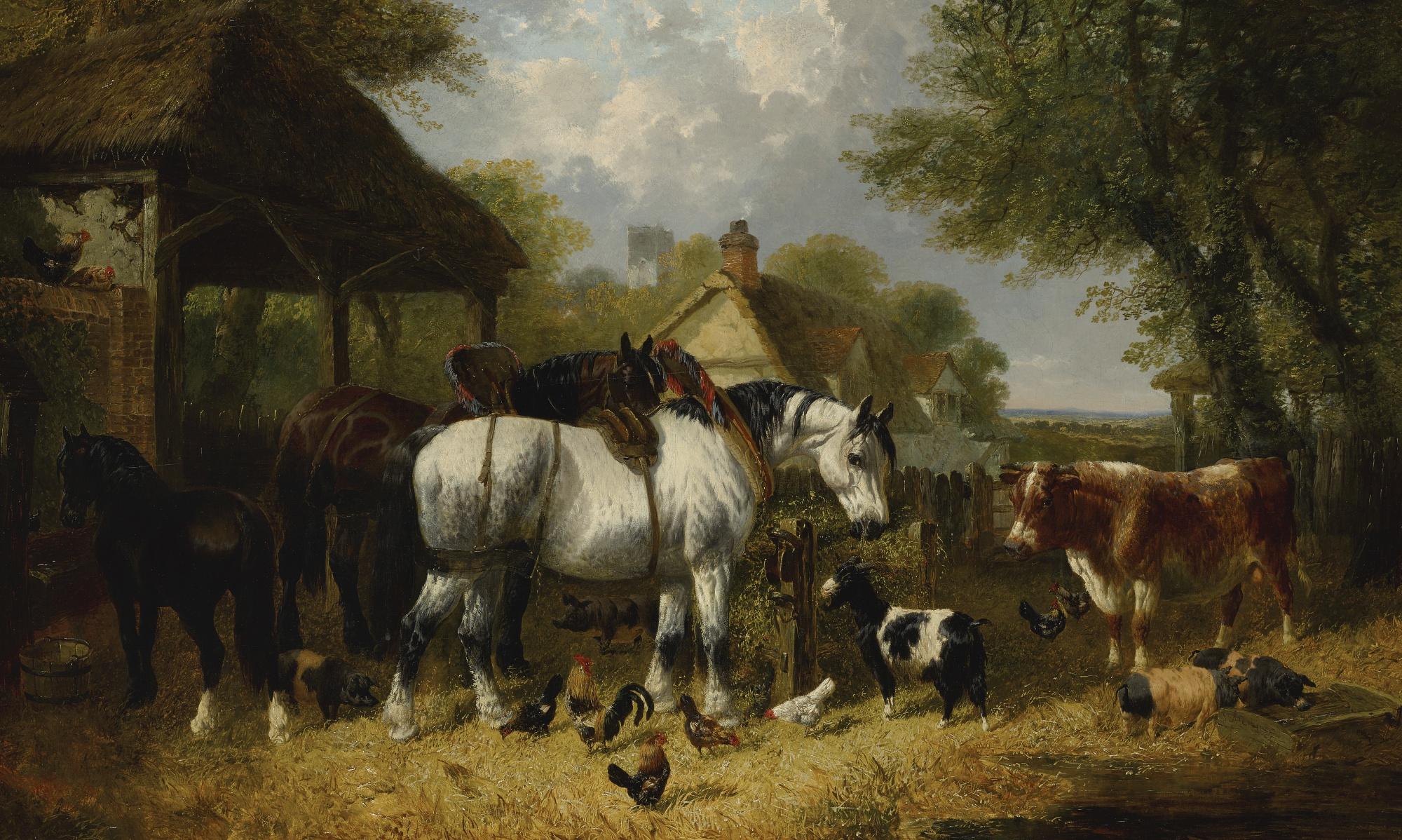John Frederick Herring Jr. - British shire Horses, Pigs And Other Livestock By A Stable With A Cottage And Church Beyond